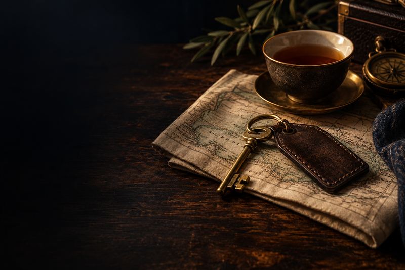 An old brass hotel room key on a leather tag resting on a folded linen map, beside a small cup of tea, on dark teak