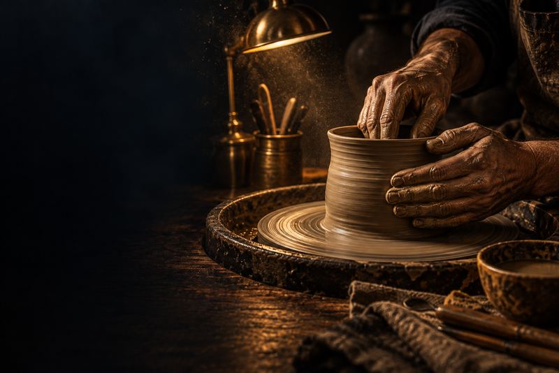 A craftsman's hands shaping a clay pot on a wheel, lit by one lamp, clay dust in the light