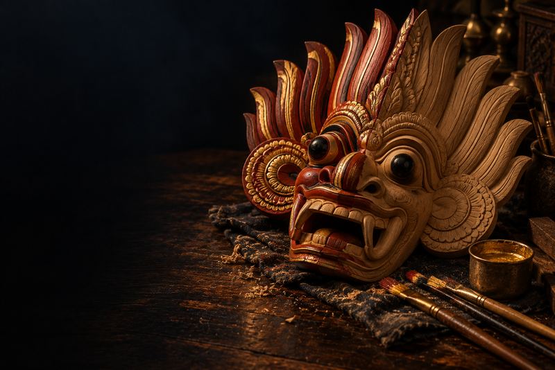 A hand-carved wooden Sri Lankan dance mask, half painted in red and gold, on a workbench with brushes and a small pot of gold paint