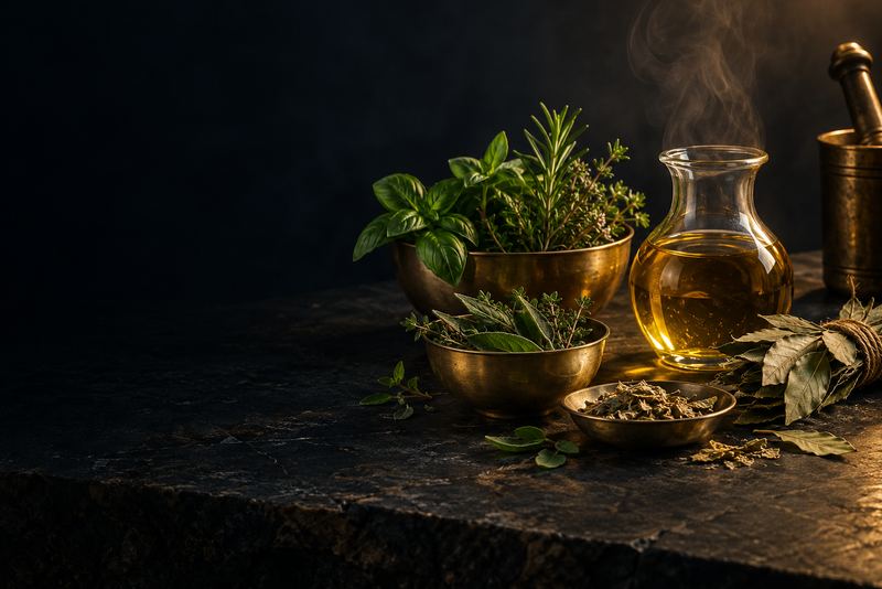 Brass bowls of green herbs, a glass of golden oil and a bundle of dried leaves on dark stone, a wisp of steam in the light