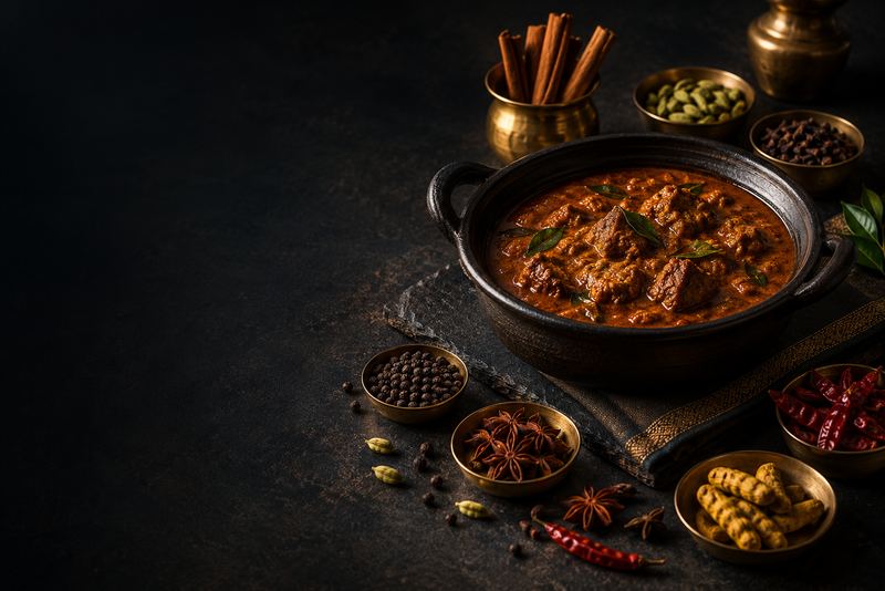 A black clay cooking pot with a rich curry, surrounded by small brass dishes of whole spices on dark slate, one soft light