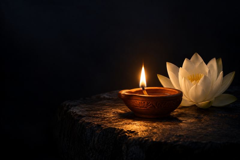 A single lit clay oil lamp and one white lotus flower on dark stone, the flame the only light