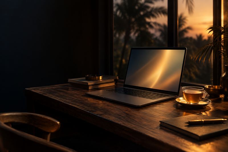 An open laptop glowing softly (abstract light on the screen, no text) on a teak desk, a cup of tea beside it, a window with palm shadows behind