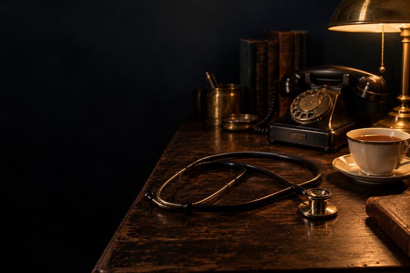 A stethoscope coiled on a dark table beside an old telephone and a cup of tea, warm lamplight