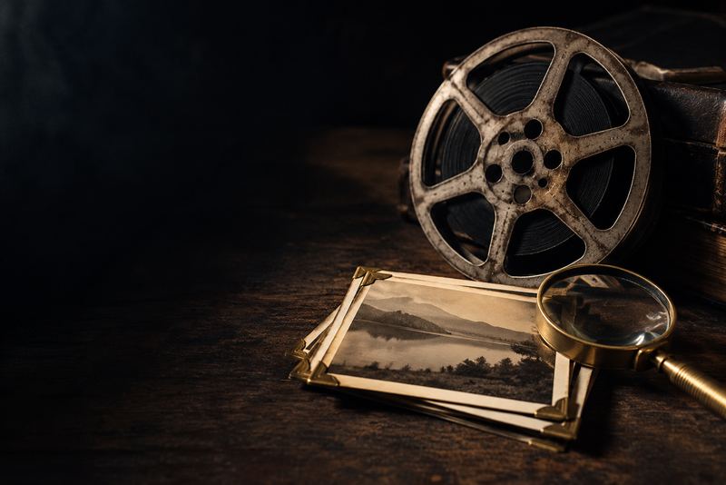 An old film reel, a stack of sepia photographs in gold corner mounts and a magnifying glass on dark wood