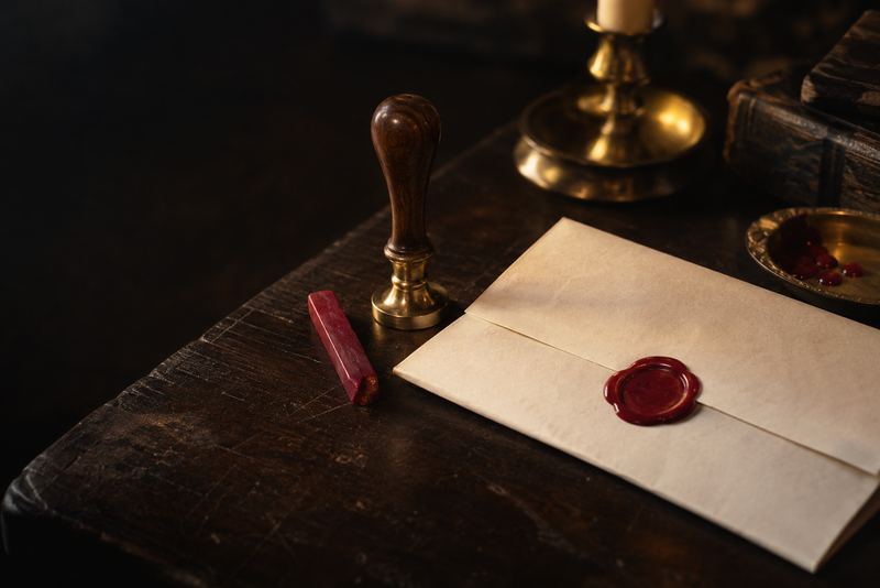 A brass seal stamp, a stick of red wax and a blank folded document with a wax seal on dark wood