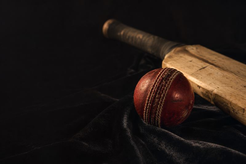 A red leather cricket ball and a willow bat on black velvet, one soft light catching the seam