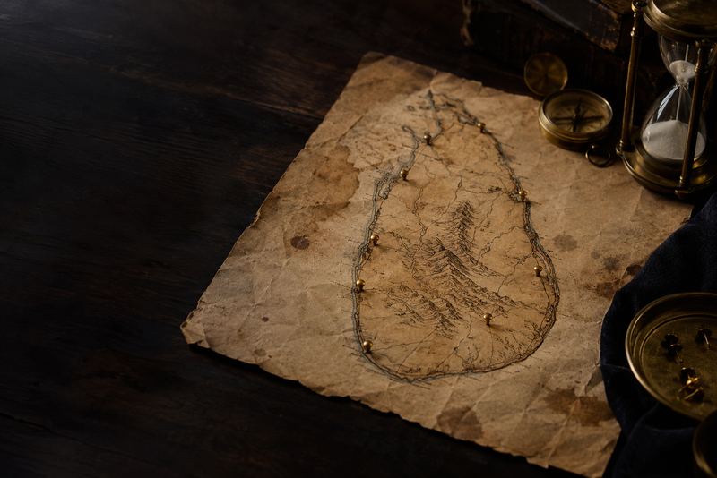An old hand-drawn map of the island of Sri Lanka on aged paper with small brass pins in the cities, no lettering on the map, dark wood around