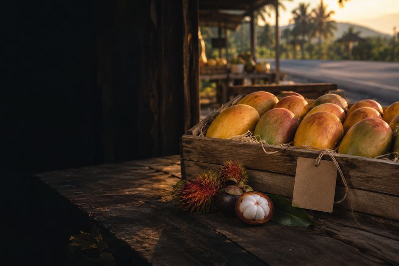 A heap of fruit by the road turned into an export: a wooden crate of ripe mangoes, graded and packed in rows with a small plain paper label tied to the crate, beside it a mangosteen cut open showing its white segments and a few rambutans, on dark wood in warm late-afternoon light, a tropical roadside out of focus behind