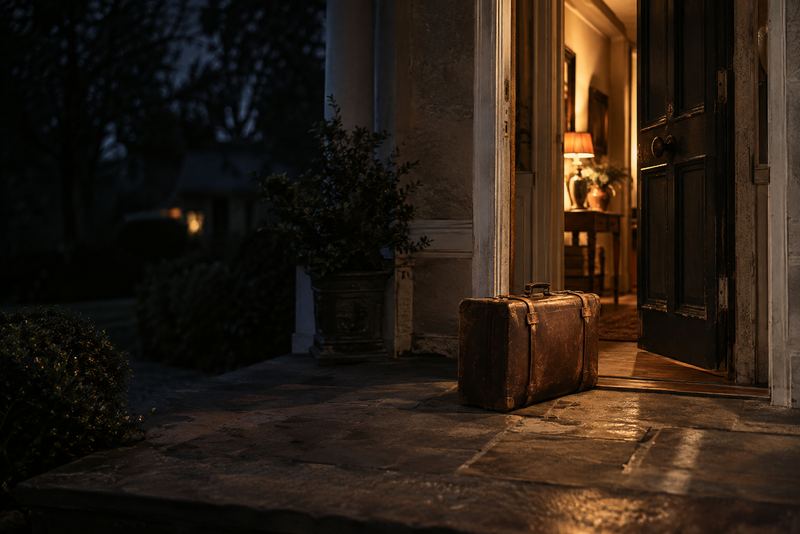 The open front door of an old house, warm light spilling out onto a veranda, an old leather suitcase on the threshold, dusk