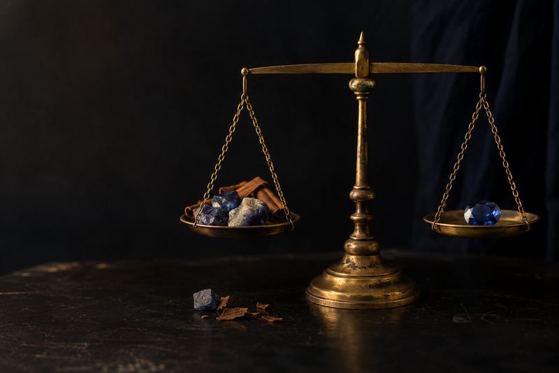 An antique brass balance scale on black, one pan holding raw sapphires and cinnamon, the other a single cut sapphire, exactly level