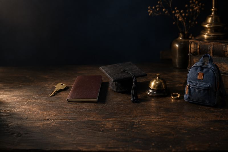 Six small objects in a row on dark wood: a house key, a passport, a graduation cap, a shop bell, a wedding ring, a child's school bag, one soft light
