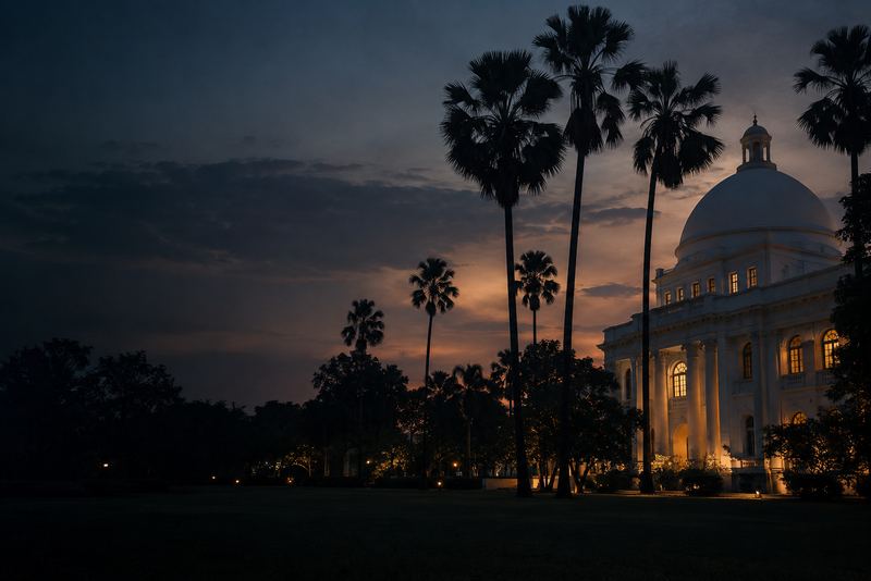 Palmyra palms against a dusk sky beside a white colonial library building with a dome, warm light in its windows