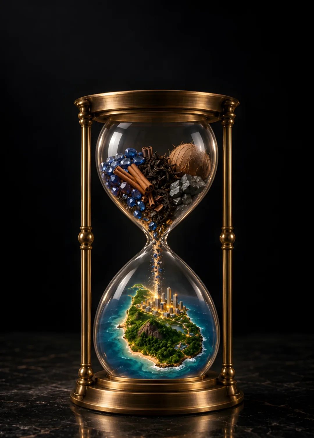 A brass hourglass: sapphires, cinnamon, tea, a coconut and graphite in the top bulb pour down into a miniature Sri Lanka in the bottom bulb, where a city grows