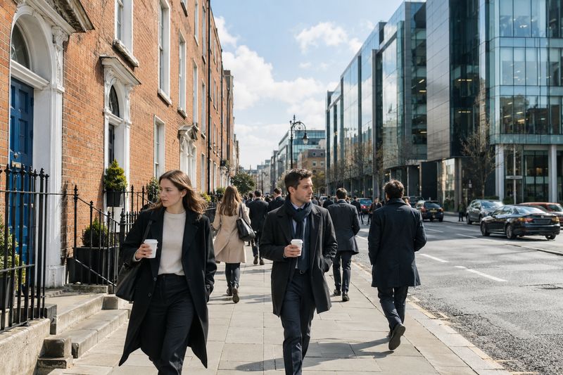 A busy Dublin street in the morning, people walking to work past Georgian houses