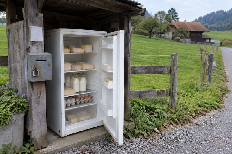 A fridge by a Swiss country road with its door open: cheese, milk and eggs inside and a cash box on the post beside it