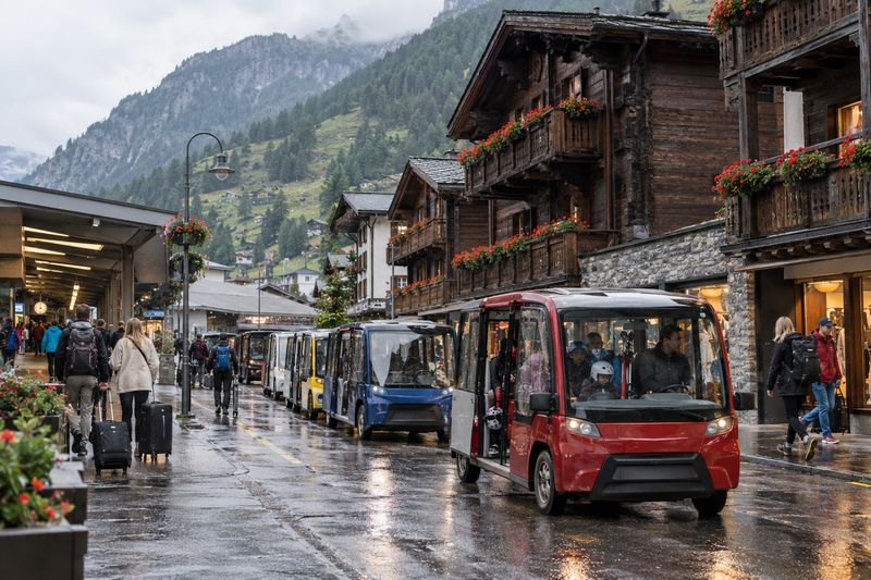 Small electric taxis in the main street of Zermatt, with visitors and their suitcases